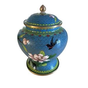 Antique Chinese Cloisonne Enamel Lidded Ginger Jar 7” Blue Floral Bird